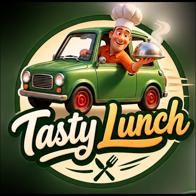 Tasty Lunch — логотип: повар в зелёной машине везёт горячий обед